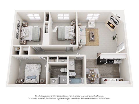 A 3D floor plan of a small apartment with two bedrooms and a living area.